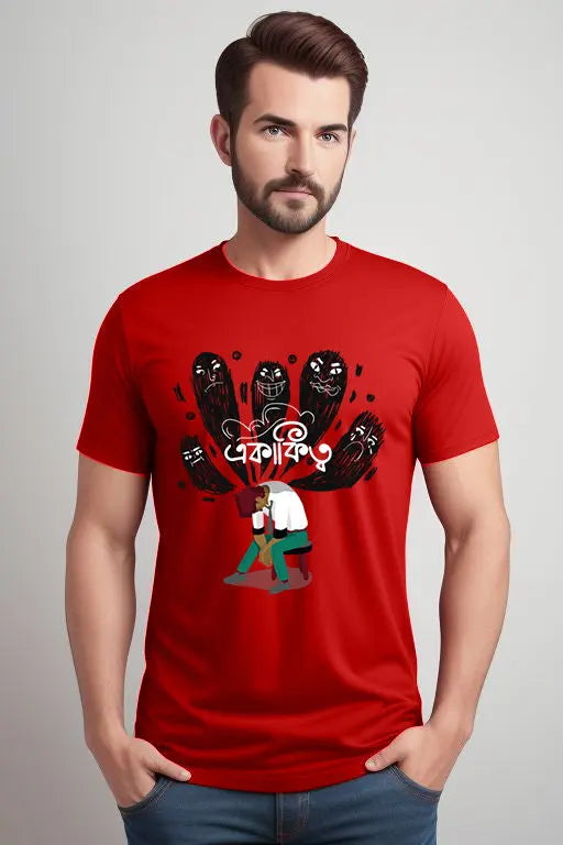 Man wearing a red t-shirt with a graphic design on a plain background