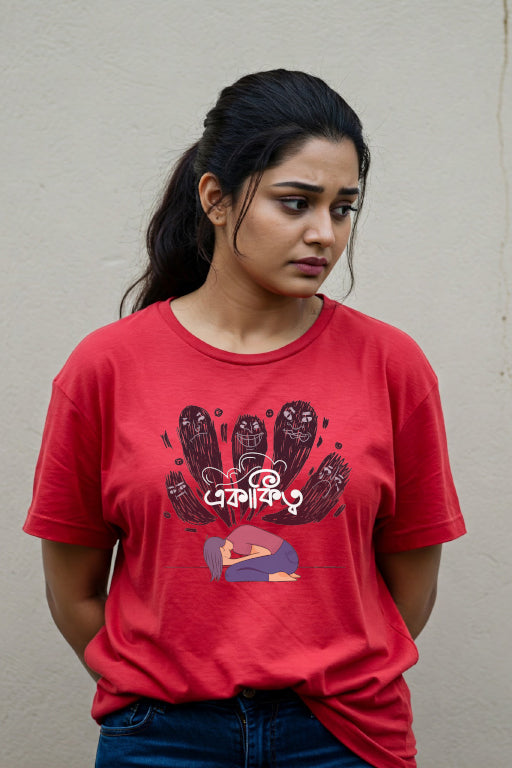 Woman wearing a red t-shirt with a graphic design against a plain background
