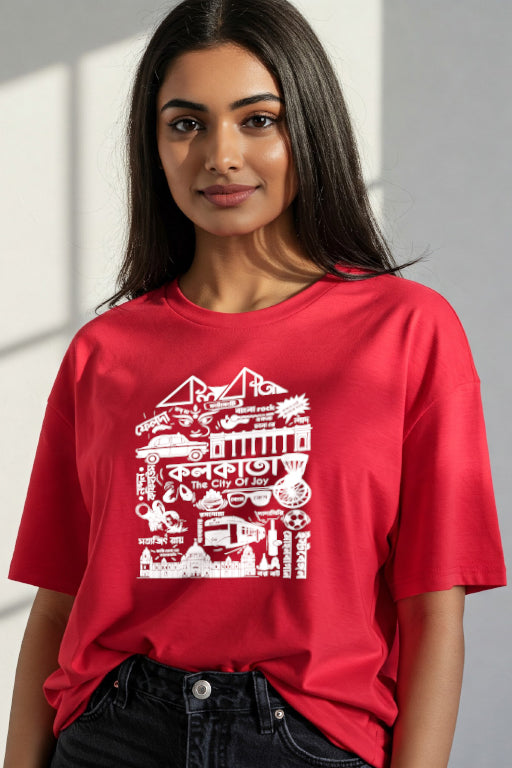 Woman wearing a red t-shirt with white graphic design