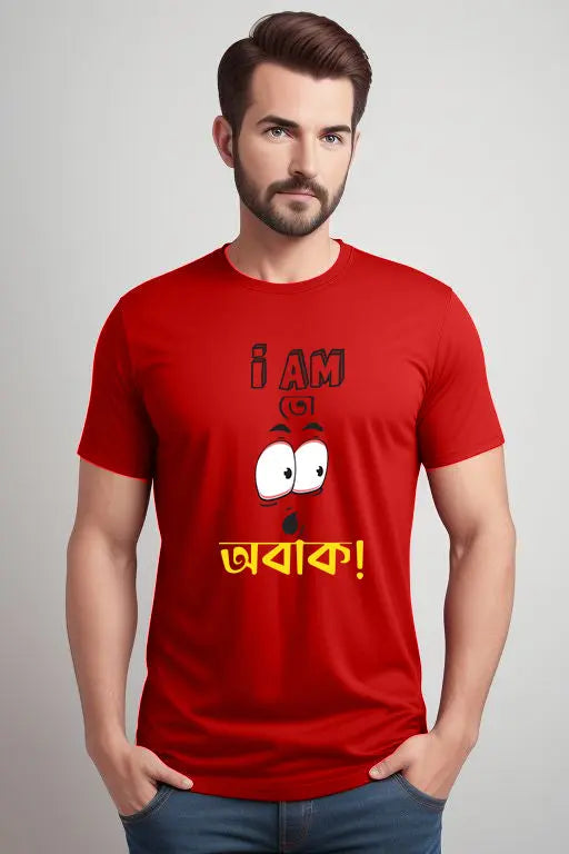 Man wearing a red t-shirt with a graphic design and text.