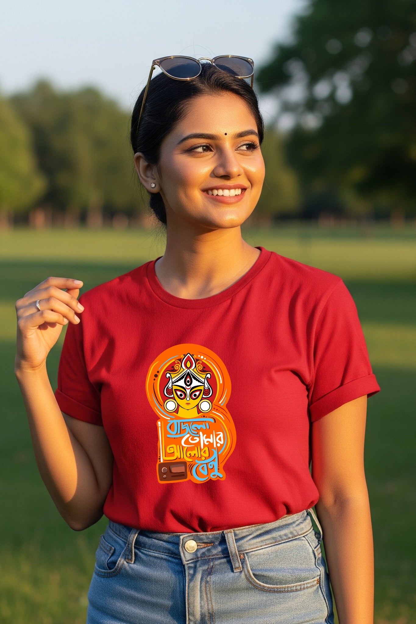 Red woman wearing the KRAZYKIND Alor Benu top, showcasing vibrant style and casual comfort.