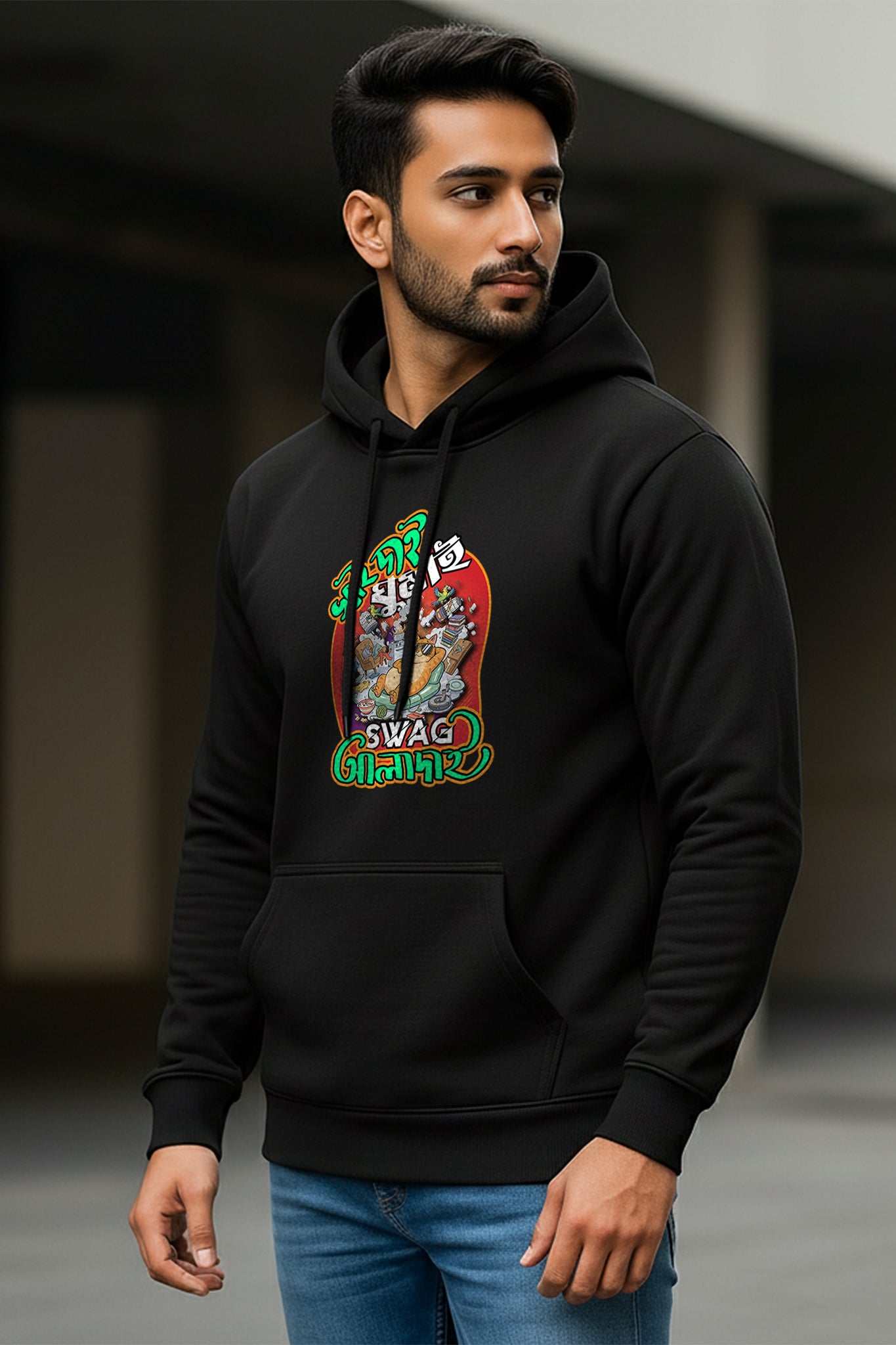 KRAZYKIND swag hoodie worn by a man, side view showing the relaxed fit and stylish design.
