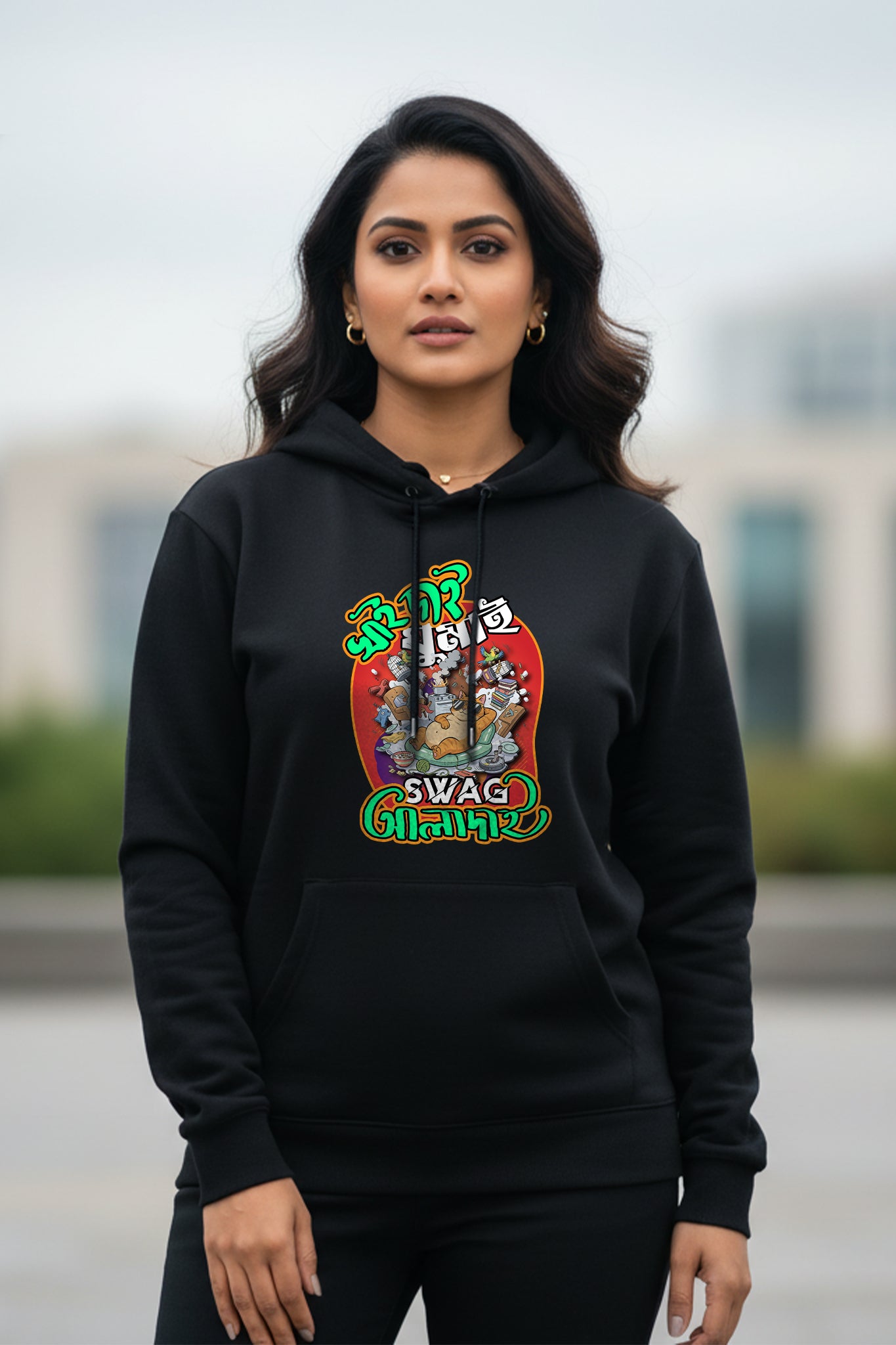 KRAZYKIND swag hoodie worn by a woman, front view showing casual fit and stylish design.