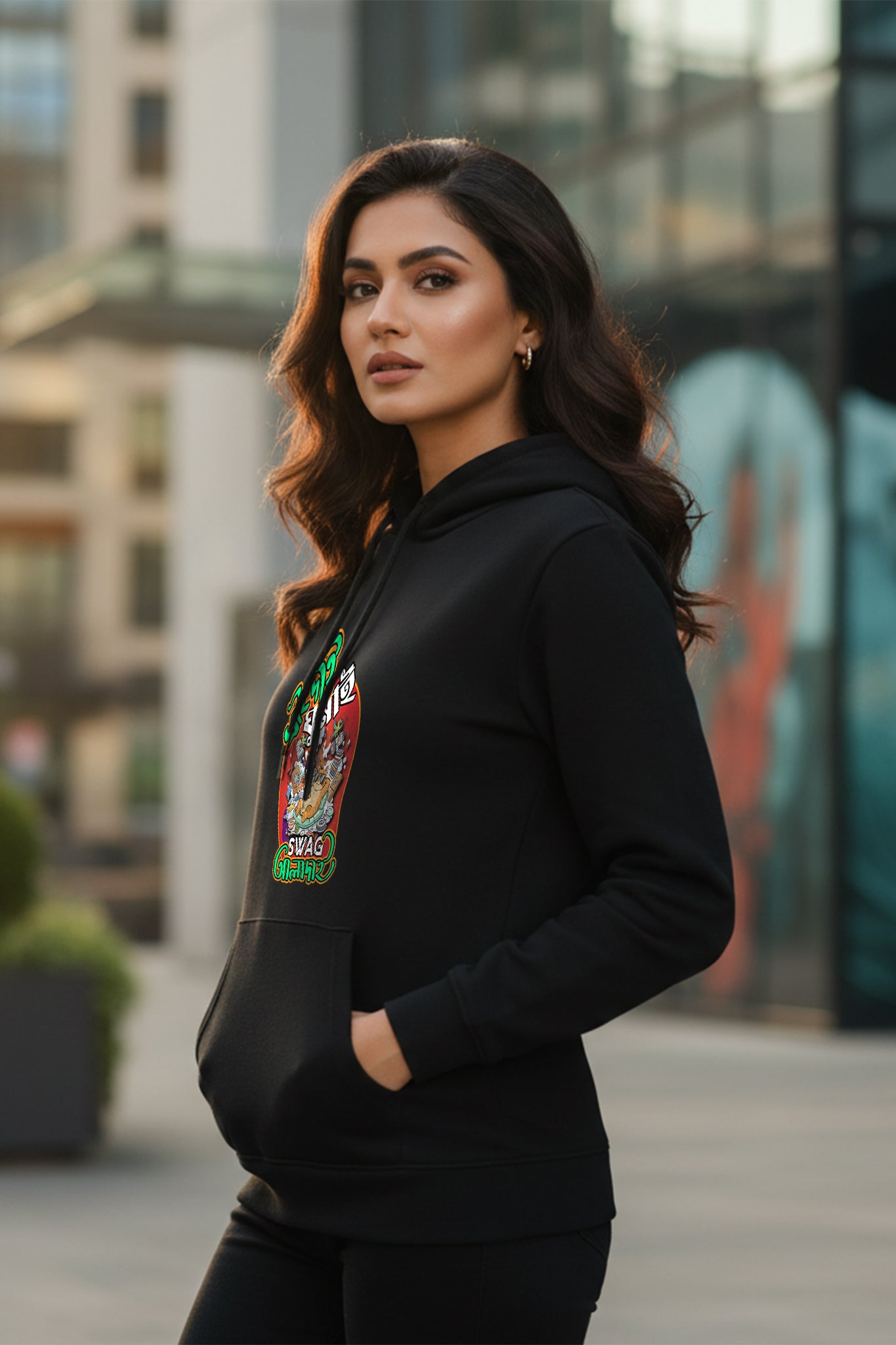 Side view of a woman wearing a KRAZYKIND Swag Hoodie, showcasing the relaxed fit and stylish design of the casual sweatshirt.