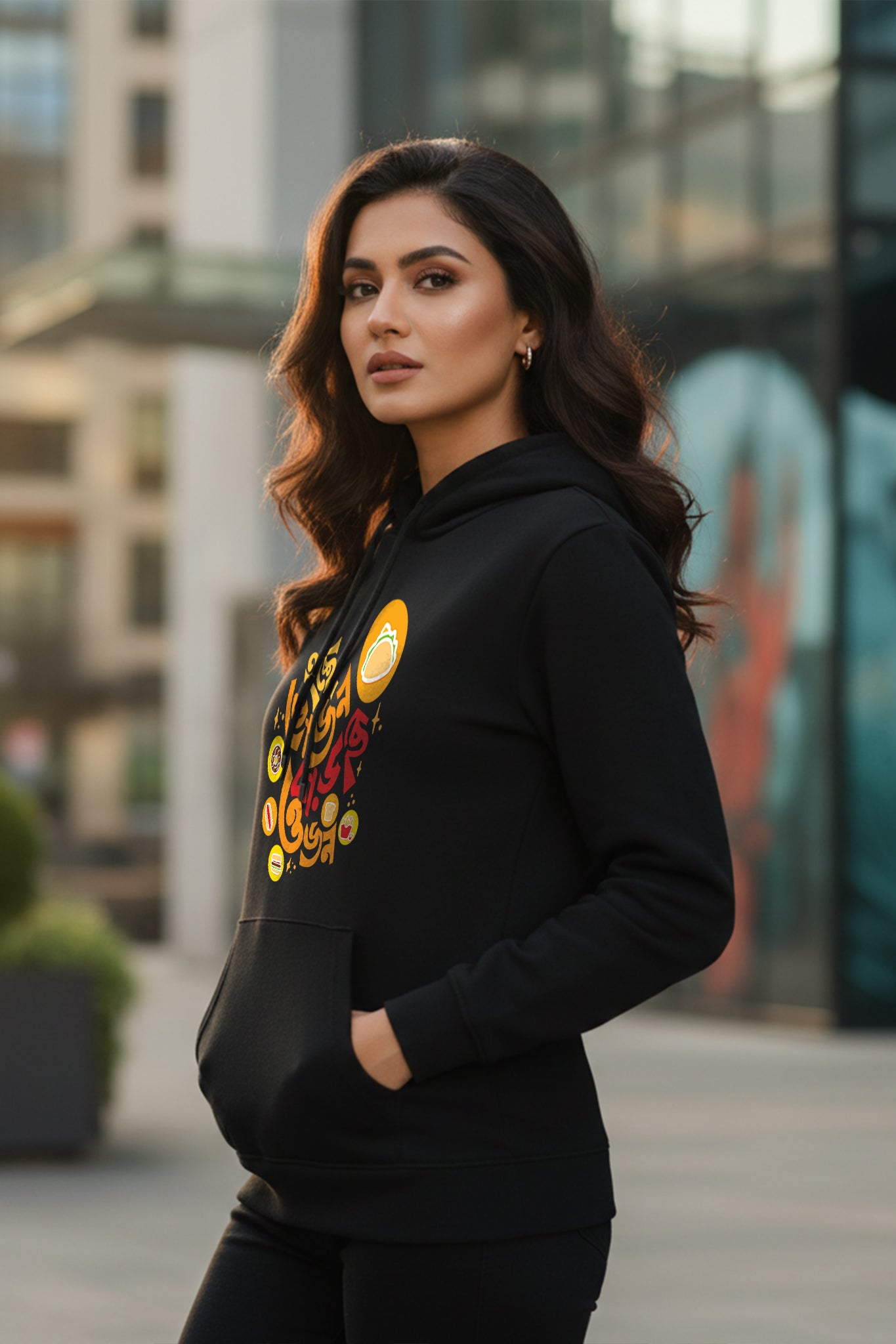 Woman wearing the Vojon Ojon hoodie by KRAZYKIND, showing a side view of the stylish, cozy sweatshirt.
