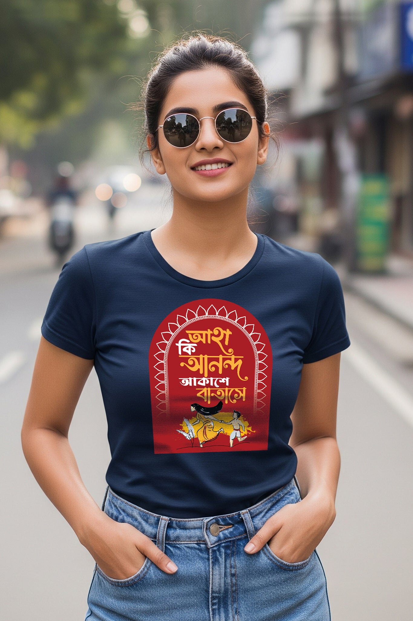 Woman wearing navy Ki Anondo by KRAZYKIND, showcasing stylish traditional-inspired fashion in a casual setting.