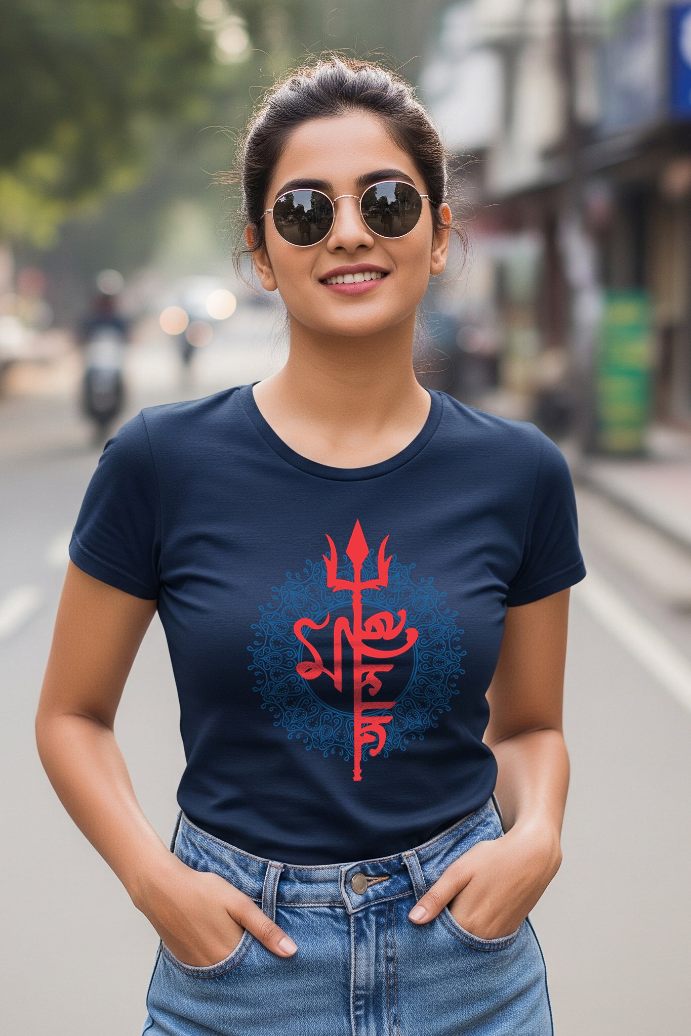 Woman wearing navy Ma Asche by KRAZYKIND, showcasing stylish streetwear with a modern, casual look.