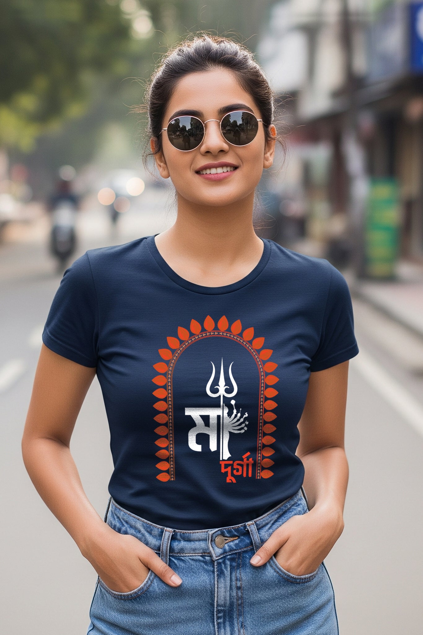 Woman wearing a navy blue Ma Durga traditional dress by KRAZYKIND, showcasing elegant ethnic fashion.