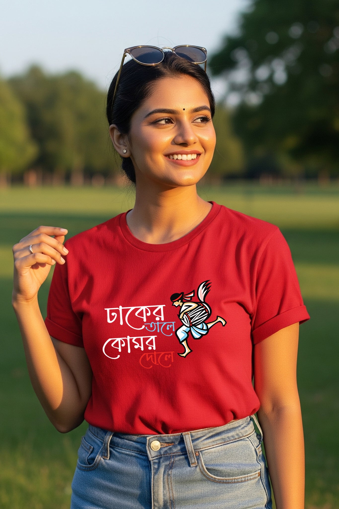 Woman wearing a vibrant red Dhak Ar Tale from KRAZYKIND, showcasing traditional Indian textile craftsmanship.