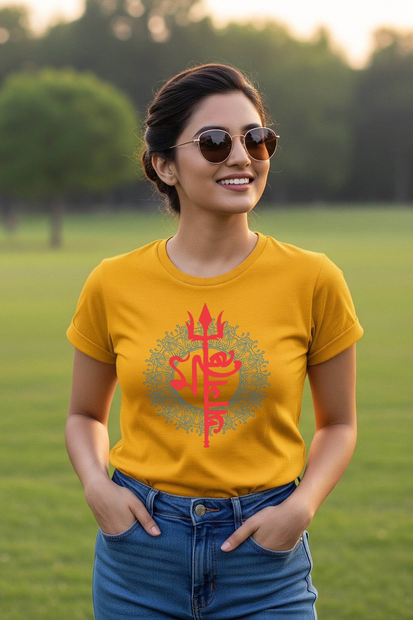 Woman wearing yellow Ma Asche from KRAZYKIND, showcasing traditional face and body art in a vibrant cultural style.