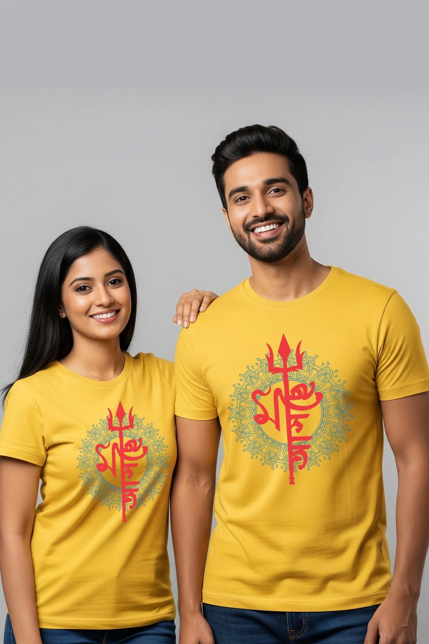 Yellow Ma Asche couple T-shirt by KRAZYKIND featuring graphic design on the front, casual fit, perfect for couples.