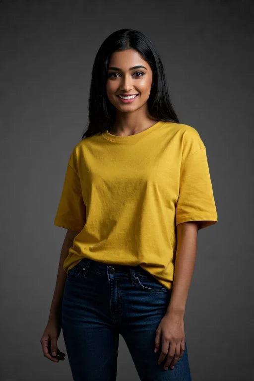 Yellow solid T-shirt by KRAZYKIND displayed on a model, showcasing the casual fit and vibrant color.