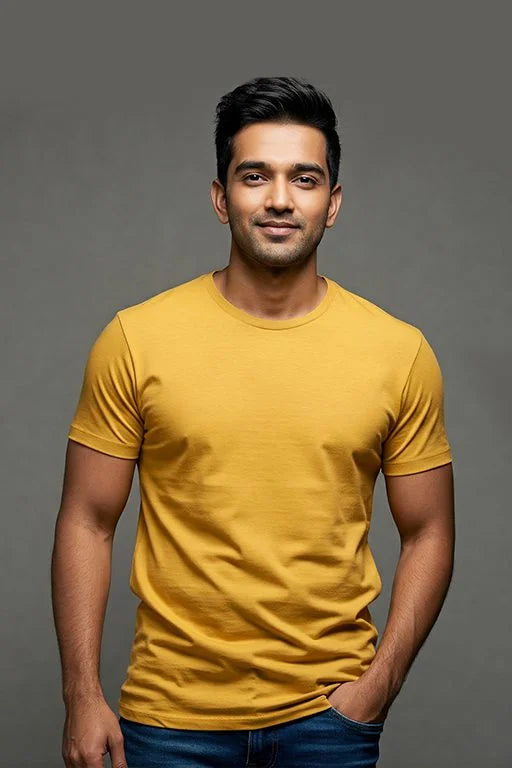 Yellow solid T-shirt by KRAZYKIND, front view showing soft fabric and classic round neckline.