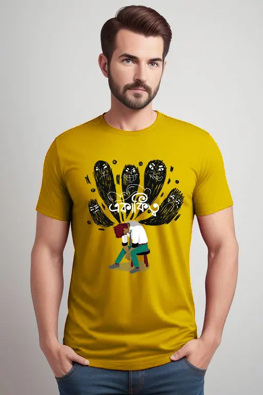 Man wearing a yellow t-shirt with a graphic design on a plain background