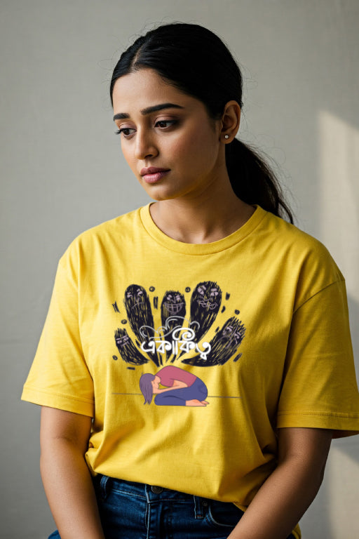 Person wearing a yellow t-shirt with a graphic design on a plain background