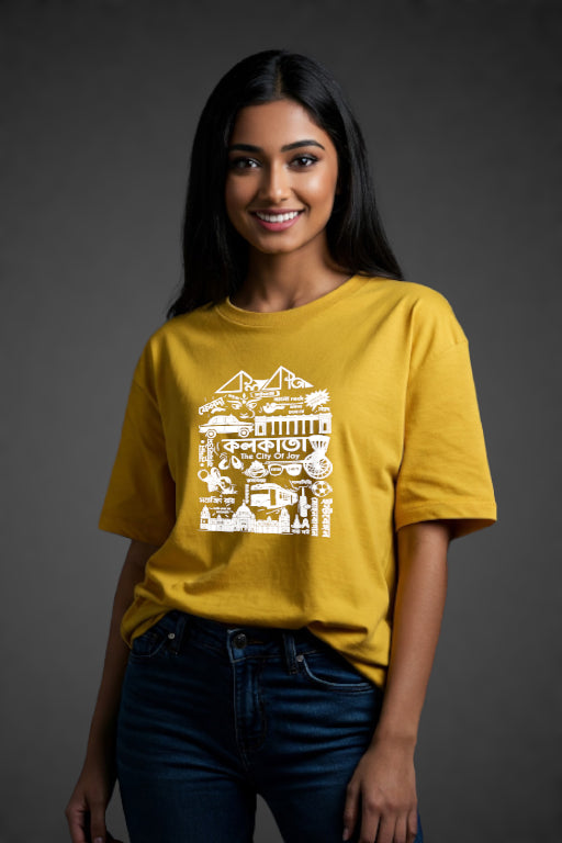 Woman wearing a yellow t-shirt with white graphic design on a dark background