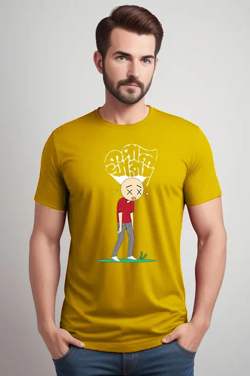 Man wearing a mustard yellow t-shirt with a graphic design on a plain background